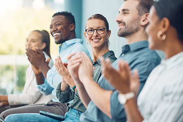 Image showing Business audience, hands and clapping in support of speech or presentation during a conference with business people. Business meeting, applause and success with excited colleagues cheering together