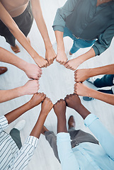 Image showing Business people teamwork, fist bump and collaboration, cooperation and trust, goals and support. Above workers hands, diversity team building circle and commitment, vision and job mission of about us