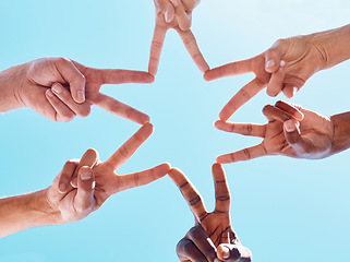 Image showing Blue sky, hands and star peace star with community in support of partnership, collaboration and goal. Hand, business people and innovation sign with business people in teamwork, business and startup