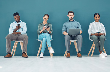 Image showing Recruitment, interview and business people waiting in line at for corporate meeting on different devices. Startup, hiring and business opportunity with diverse candidates prepare for business meeting