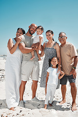 Image showing Big family, portrait and smile on beach holiday, vacation or Mexico summer trip. Generations, parents and children on sandy, sea or ocean shore having fun, bonding and spending quality time together.