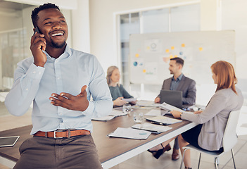 Image showing Phone call, smile and businessman in a corporate meeting for planning, strategy and collaboration at work. Happy, thinking and African worker talking on a mobile while working with employees