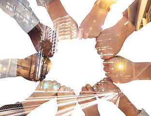 Image showing Fist bump, double exposure and corporate people for teamwork, city development and night innovation collaboration. Overlay of urban street lights with partnership, goal or support business hands sign