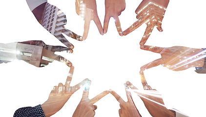Image showing Corporate hands, business and support with people in double exposure for city startup, innovation and goal against a white background. Team, hand and star group success with trust, unity and mission