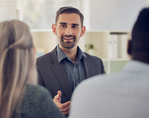 Image showing Businessman, mentor and speaker in teamwork meeting, global collaboration and strategy planning in corporate office. Talking leader, worker and employee with company marketing ideas, target and goals