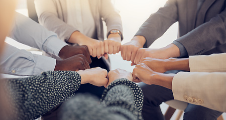 Image showing Team building, diversity and circle teamwork, motivation and inspiration, mission goals and company about us. Closeup business people fist hands, support and trust, global community and collaboration