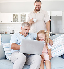 Image showing Family, laptop and girl relax with grandfather on sofa while father drinking coffee in the background, happy, cheerful and sweet. Love, happy family and online streaming by grandpa and child smiling