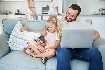 Image showing Father, bonding and girl with phone on relax sofa in house or home living room for internet game, web search or social media. Smile, happy and fun child with man on laptop technology for remote work