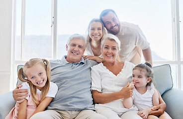 Image showing Family, love and children with a girl, parents and grandparents sitting on a living room sofa at home together. Kids, happy or bonding with a senior man, woman and relatives on a couch during a visit