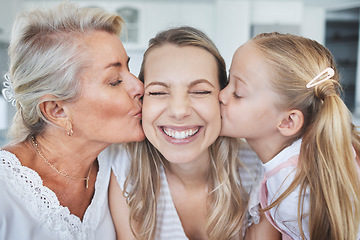 Image showing Kiss, child and grandmother with love for mother on mothers day in the living room of their house. Girl and senior woman kissing mom with affection, care and smile to show gratitude in their home