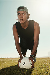 Image showing Grass field, fitness workout and soccer core training exercise on an outdoor football field for body or cardiovascular health. Soccer player, focus young man and athlete warmup in Brazil summer sun