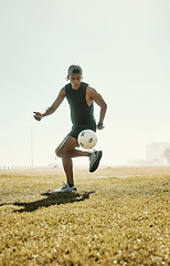 Image showing Sports, soccer and man running on soccer field outdoors fitness goal training for sport competition. Young athlete, cardio workout motivation and healthy exercise development for energy or wellness