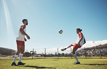 Image showing Soccer drill, kick and football workout with people ready for fitness, training and exercise on a field. Sports game, athlete men and fast energy of healthy, strong and cardio motivation exercising