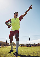 Image showing Soccer, man and celebrate goal, winner and winning on field, with ball and on field. Football, victory or player do sport, exercise or training for fitness, wellness or workout for health on game day