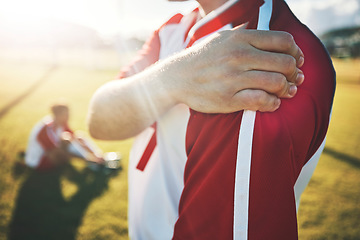 Image showing Soccer, athlete and shoulder pain with an injury from a sports match or training on a field. Fitness, football and man with a medical emergency of muscle, joint or bone sprain during an exercise.