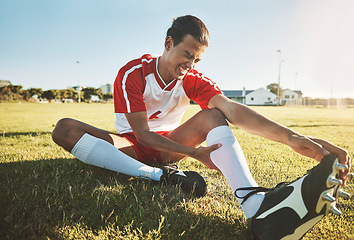 Image showing Soccer, athlete and injury on sport field while exercise, workout and practice suffer on game day. Football, health and painful leg from training, sore or muscle for stretching, fallen or foot pain