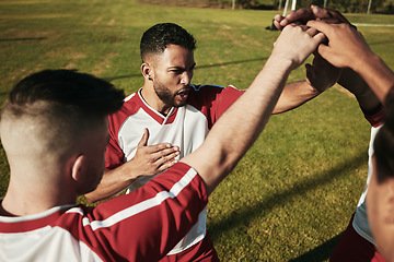 Image showing Team, men and soccer athlete hands to show sport community, support and success. Fitness, football and exercise training proud, motivation and hand sign of friends and players ready for teamwork