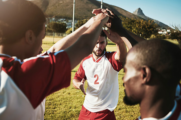 Image showing Men, soccer and team hands in collaboration, support and trust before a match or competition. Diversity, community and football group with motivation, support and teamwork for sports game on a field