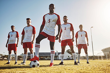 Image showing Men, soccer and team for game on sports field in fitness, exercise and training in the outdoors. Group of confident professional football players standing together ready for a match on a sunny day