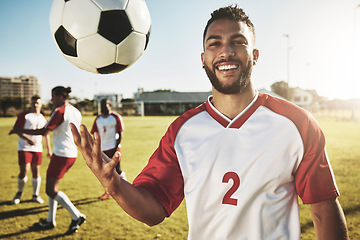 Image showing Real soccer, team training on field and man with ball play competitive summer match on natural grass pitch. Professional football sports game, fitness exercise together and workout outside in Brazil