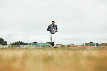 Image showing Baseball player running on a baseball field for training, sport and fitness in physical, competitive game. Sports, health and baseball with a man athlete at the start of a match on a field outdoors