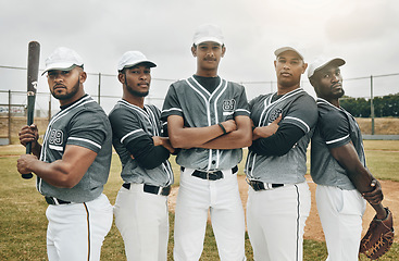 Image showing Baseball, team and sports men portrait on a baseball field for training practice, workout or fitness exercise outdoors. Group of athlete players ready to play a game or match in a Chicago stadium