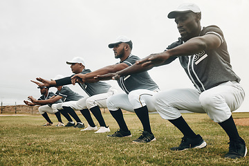 Image showing Team, stretching and baseball players for game, exercise and baseball in sportswear on field. Workout, squat and group for match prepare, wellness and fitness being being focus on baseball field