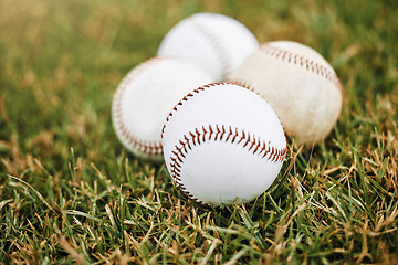 Image showing Baseball, grass and ball on baseball field for sport training, fitness and team sports outdoor. Softball, balls and softball field before match for health, performance and physical exercise challenge