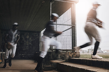 Image showing Baseball, running and sports athlete team with fast energy ready to start a game on a sport field. Fitness, exercise teamwork workout and training match for cardio with people together