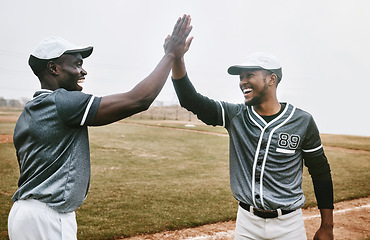 Image showing Sports celebration, high five and motivation together with smile happy about game teamwork. Support, baseball team collaboration and sport success of training friends on a workout and exercise field