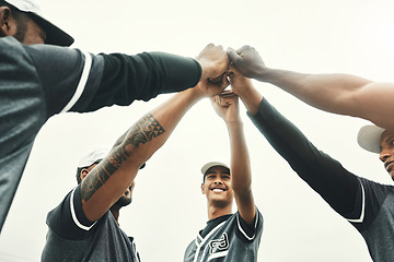 Image showing Hands, team and baseball for sport motivation to win, achieve and unite together for the game outdoors. Hand of sports group of baseball player in teamwork, unity and trust in support for win or goal