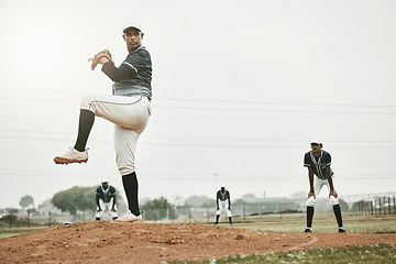 Image showing Baseball, pitch and outdoor sports teamwork game with a man team player from Mexico. Pitcher busy with athlete exercise, fitness training and cardio match baseball field workout with a fast ball