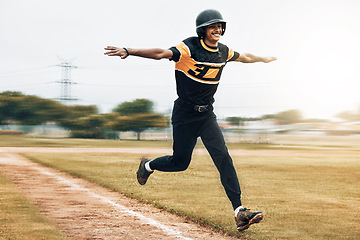 Image showing Baseball, man and running celebration on baseball field after scoring homerun. Exercise, fitness and winning baseball player from India celebrating success on grass field after training match.