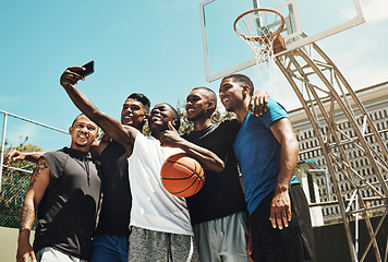 Image showing Basketball selfie, black people team for game, competition or outdoor social media post update on blue sky mock up. Influencer sports group of men using phone or cellphone for portrait digital memory