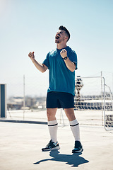 Image showing Football, soccer player and athlete man in celebration after winning or scoring a goal at sports match or game in the city. Celebrate, win and champion player happy about performance in urban sport