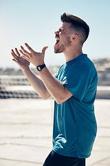 Image showing Hands, angry man and screaming in fitness, training and exercise after sports game or match loss. Stress, frustrated and shouting sports person with burnout mistake, wellness crisis and workout fail