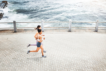 Image showing Fitness friends, woman and running for exercise above in workout, training and cardio in South Africa. Active women in sports run together by the ocean in sea point for healthy exercising in nature