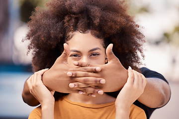 Image showing Abuse, depressed and couple with violence in their marriage together in the city. Face of a black woman with anxiety, pain and problem with a man being abusive with trauma, hands for fear and stress