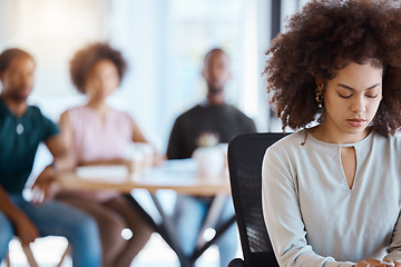 Image showing Workplace bullying, anxiety and gossip of businesswoman with depression, mental health and sad victim exclusion by employees in company office. Lonely, depressed and harassment worker discrimination