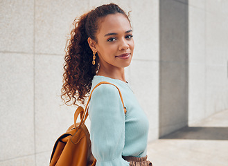 Image showing City, walking and black woman student on the weekend enjoying her freedom. Summer, fashion and portrait of young girl taking walk, travelling and explore urban town in free time in trendy outfit