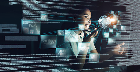 Image showing Woman, futuristic technology and phone networking with big data for global communication at night. Female employee developer at work on digital transformation, cyber security and fintech overlay