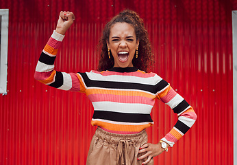 Image showing Black woman, protest and fist for equality, racism and power portrait for power and freedom revolution with justice, motivation and support fight on red. Hand gesture of female strong for empowerment