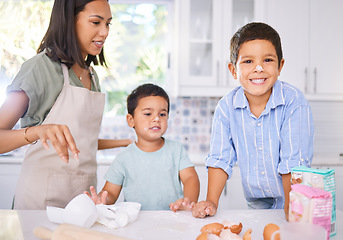 Image showing Cooking, help and mother with children in kitchen for learning, breakfast or creative child development. Baking, family and happy with mom and kids with flour on nose for cake, chef and food together