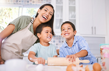 Image showing cooking, happy and mother with children in kitchen for food, family and learning with rolling pin. baking, help and creative with kids chef and mom at home for health, breakfast or love together