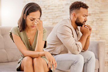 Image showing Fight, divorce and depression with couple on sofa for conflict, therapy and mental health or marriage counseling. Sad, anxiety and stress with man and woman in living room for fail, crisis and angry