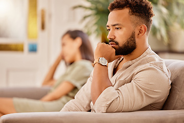 Image showing Divorce, sad and fight with couple on sofa for therapy, counselling and depression with conflict. Drama, fail and angry with man and woman in living room at home for fear, frustrated and decision