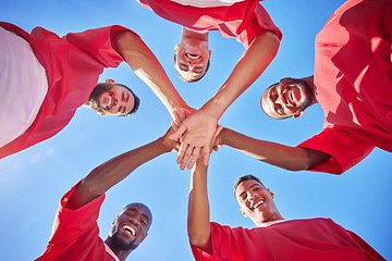 Image showing Soccer, teamwork and soccer player together with hands in circle for team spirit for motivation before football competition sports game. Community trust, group collaboration and men fitness exercise