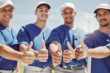 Image showing Thumbs up, sports and baseball with team on field for training, fitness and support together. Happy, thank you and winner with hands of baseball player for goals, teamwork and motivation workout