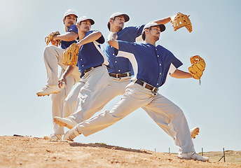 Image showing Men pitcher, baseball and athletes training for a sports game together on an outdoor field. Fitness, workout and friends practicing to pitch or throw a ball with a glove for a workout or exercise.