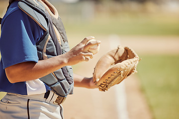 Image showing Baseball pitcher, sports and man athlete with ball and glove ready to throw at game or training. Fitness, exercise and professional male softball player practicing to pitch for match on outdoor field
